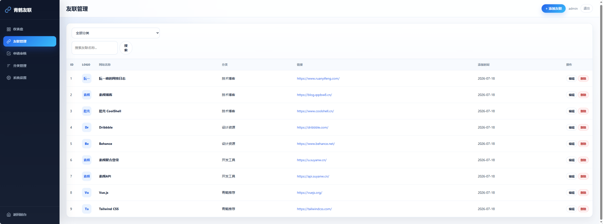 青鹤友联PHP + MySQL 开发的友链展示系统