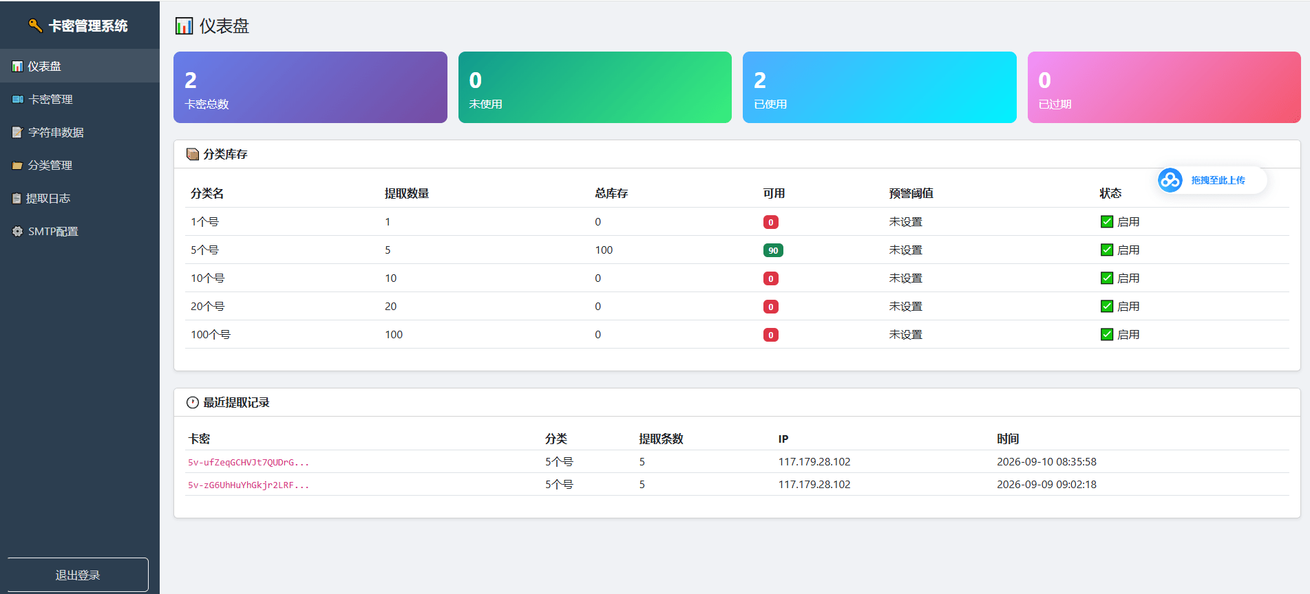 php+mysql卡密自助提取数字货物分类批量导入数量预警邮件通知系统