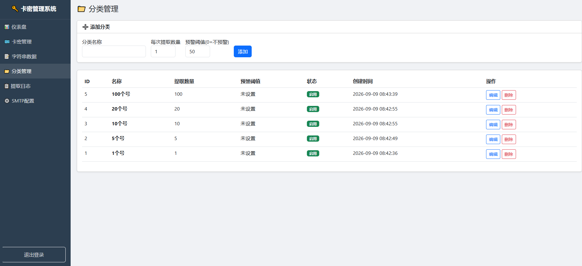 php+mysql卡密自助提取数字货物分类批量导入数量预警邮件通知系统